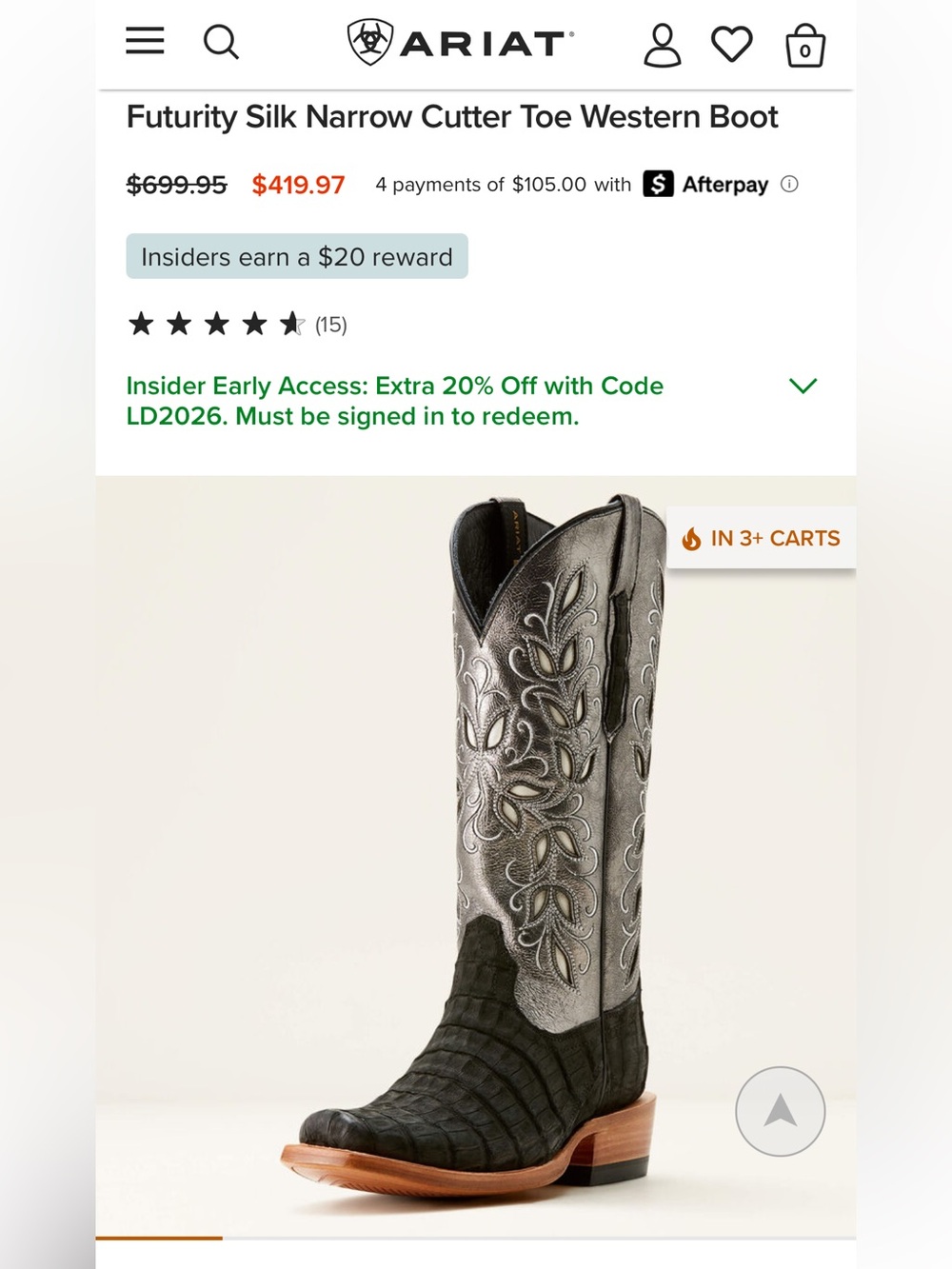 Ariat Black and Silver Futurity Silk Narrow Cutter Toe Western Boot